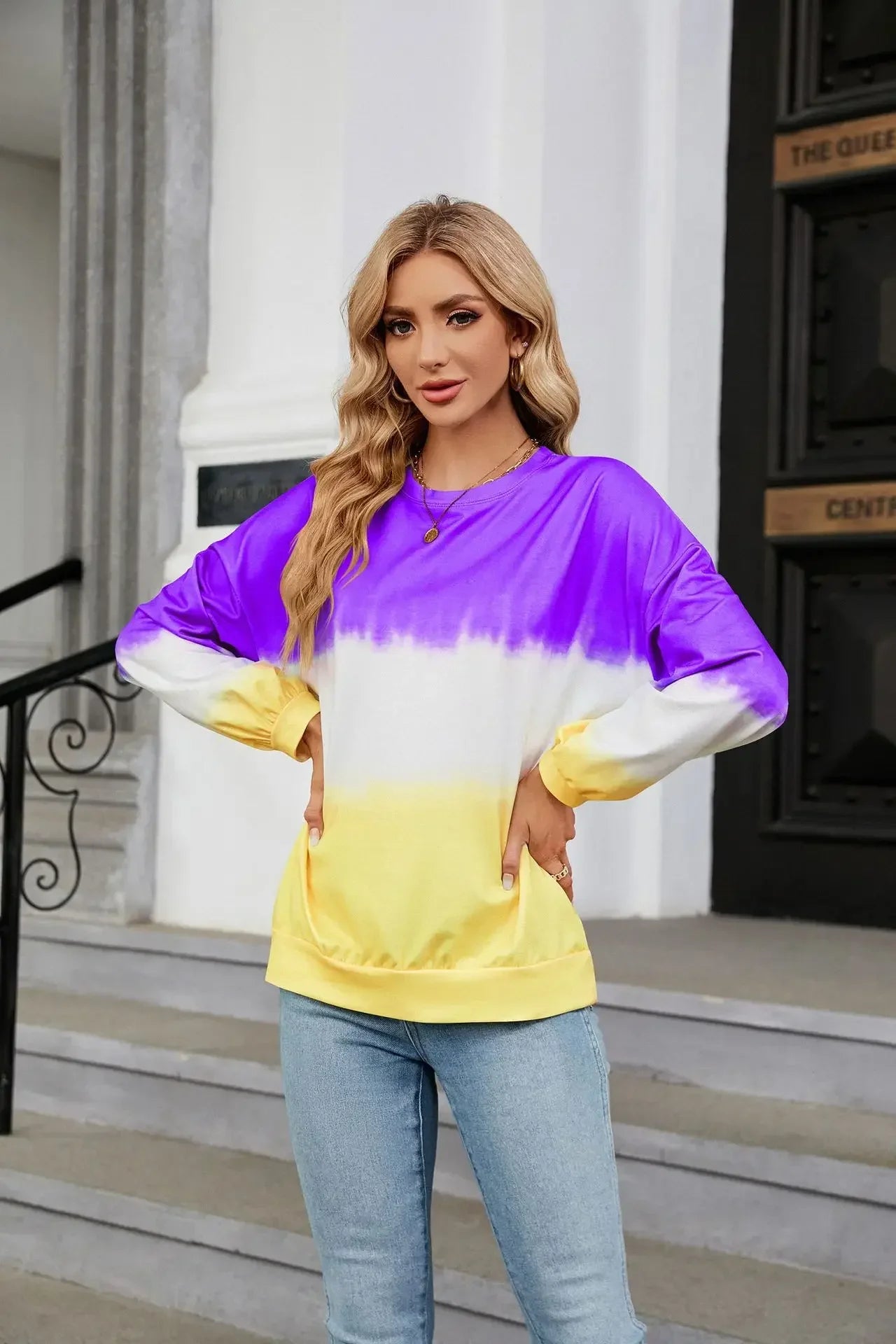 Women's Fashion Gradient Hoodies Sweatshirts Long Sleeve O-Neck Hoodies Print Oversized Pullovers Women Y2k Harajuku Streetwear