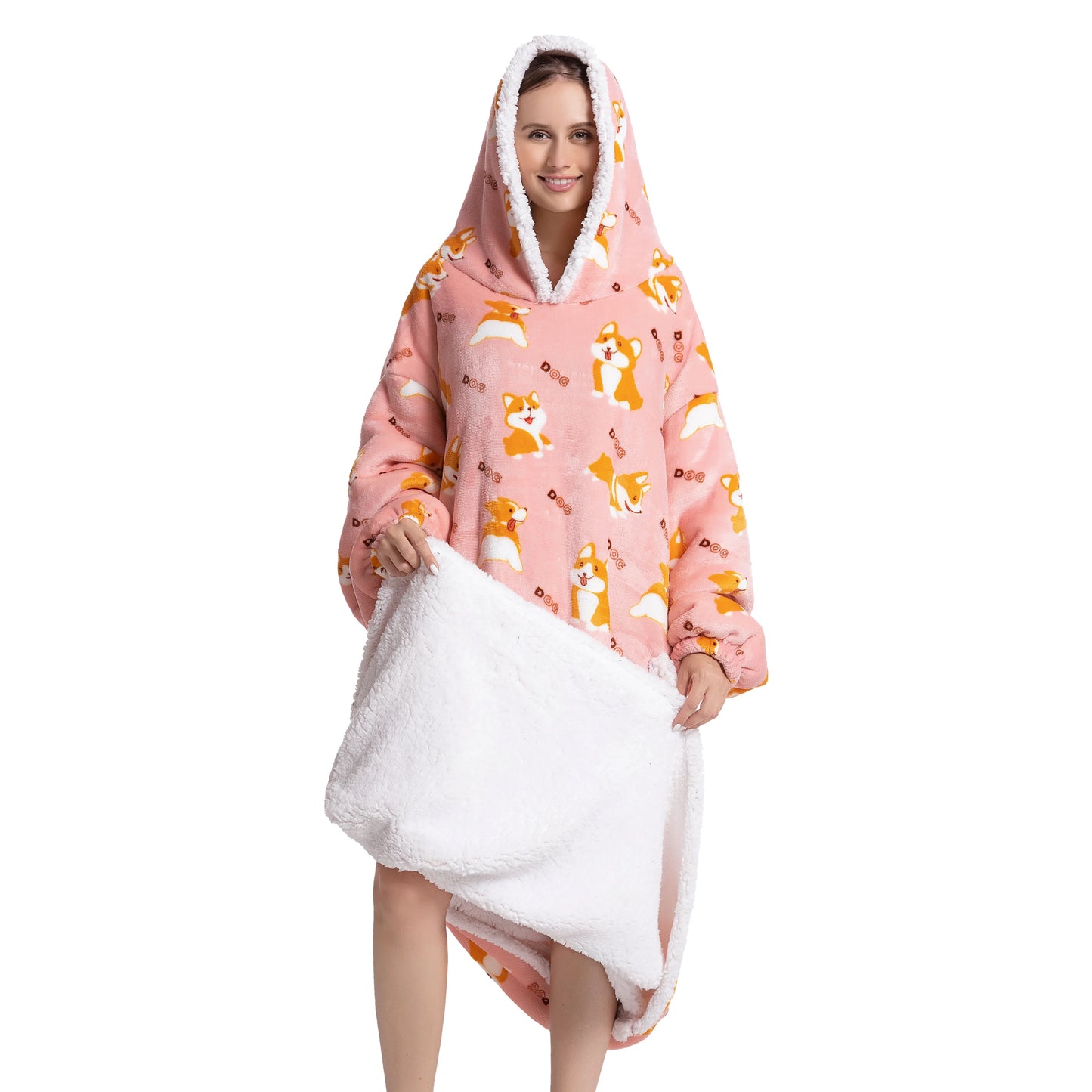 Oversized Wearale Blanket Hoodie Flannel Sherpa Fleece Warm Soft Winter Hoodie Sweatshirt for Kids Adults Home Blanket Snuggle