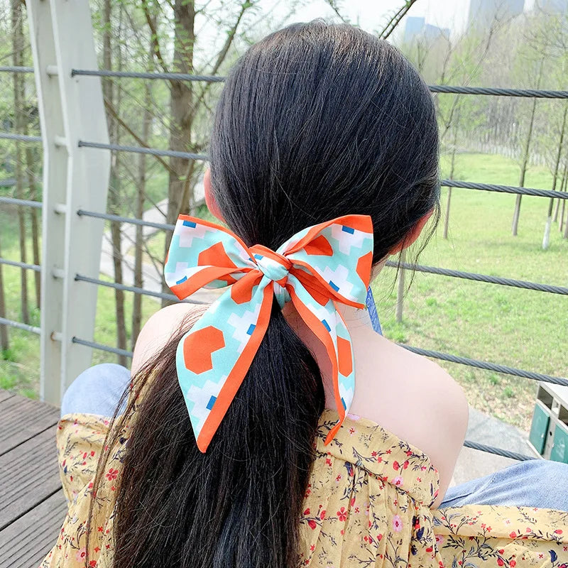 Fashion Printing Long Ribbon Silk Scarf Headband for Women Elegant Tie Ponytail Bow Headband Hair Tie Резинки Для Волос