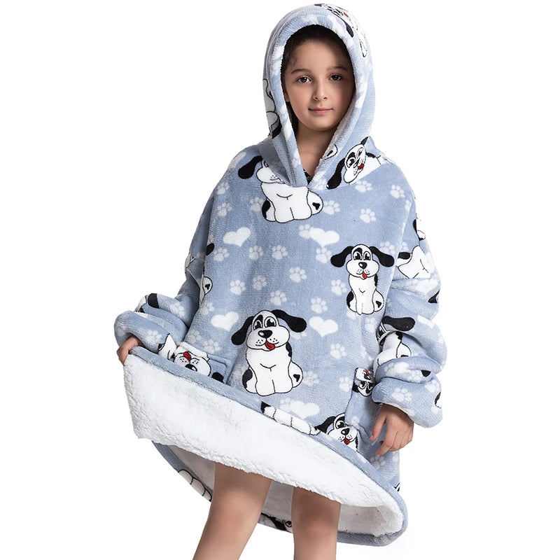 Oversized Wearale Blanket Hoodie Flannel Sherpa Fleece Warm Soft Winter Hoodie Sweatshirt for Kids Adults Home Blanket Snuggle