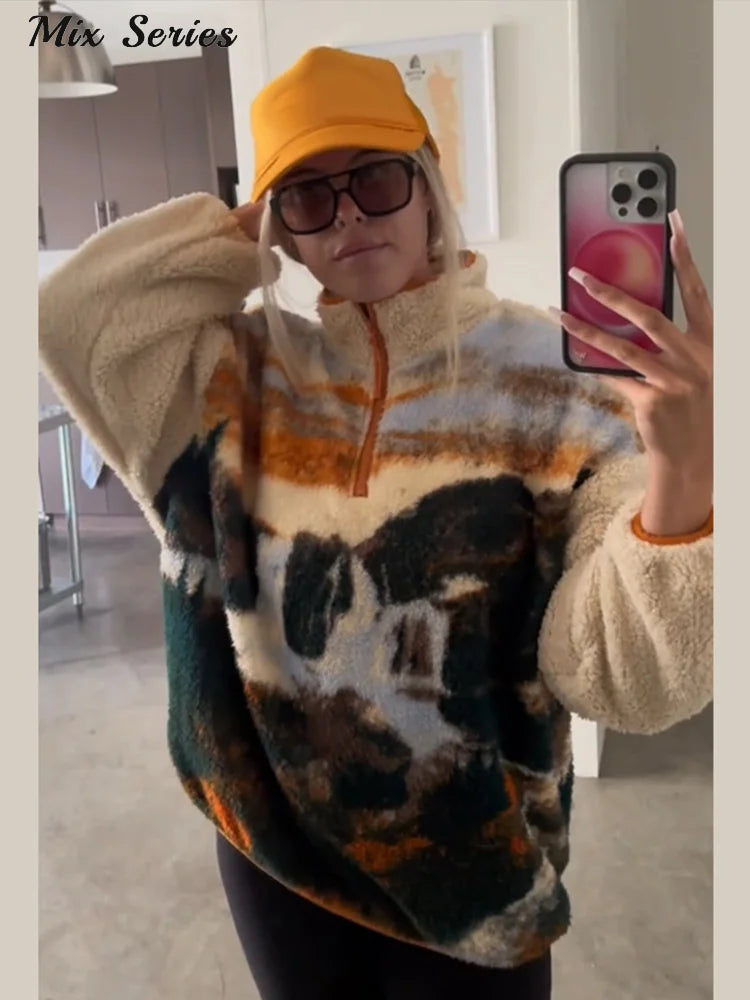  Fashion Printed Sherpa Pullover Women's Loose Long Sleeve Zippers Cozy Style Top 2025 Autumn New Lady Casual Warm Outerwear