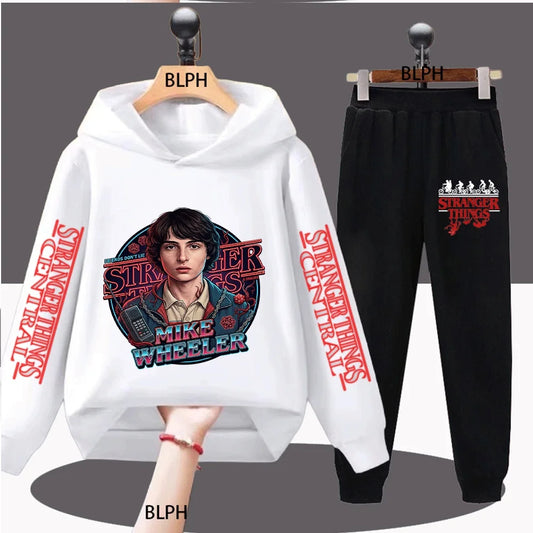 Kids Stranger Things Mike Wheeler Graphic Hoodie Set, Classic TV Show Inspired Casual Sweatshirt and Pants Outfit for Boys Girls