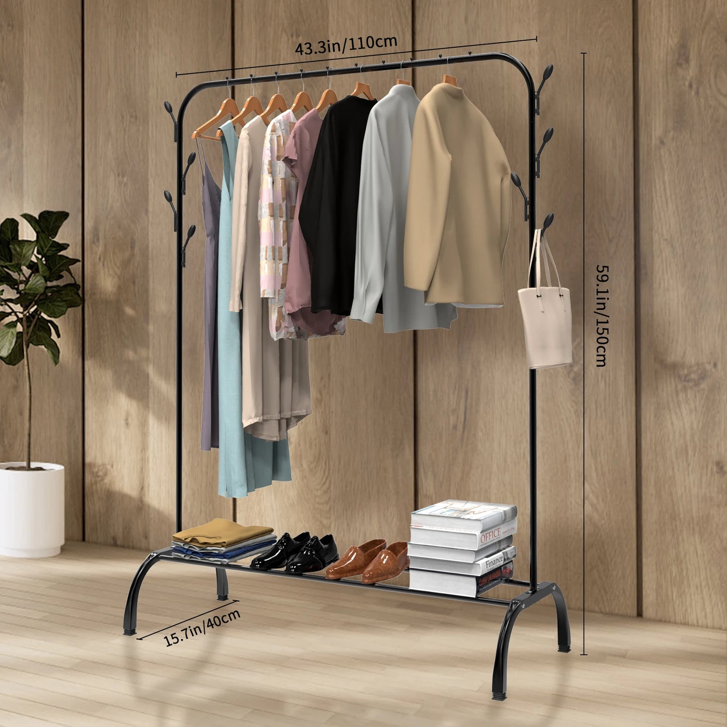 Metal Clothes Rail Heavy Duty Clothes Rack Single Hanging Portable Bedroom Freestanding Clothing Rack Storage Shelf With Hooks