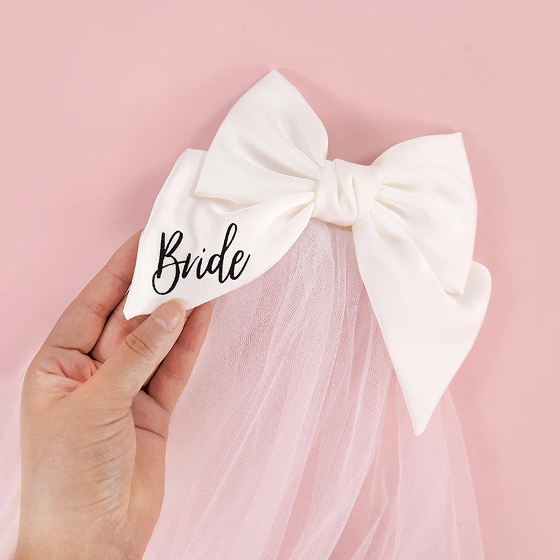 White Bride Bow Veil with Hair Clip Bridal Shower Party Decoration Wedding Photo Props Hen Bachelorette Party Supplies Gift
