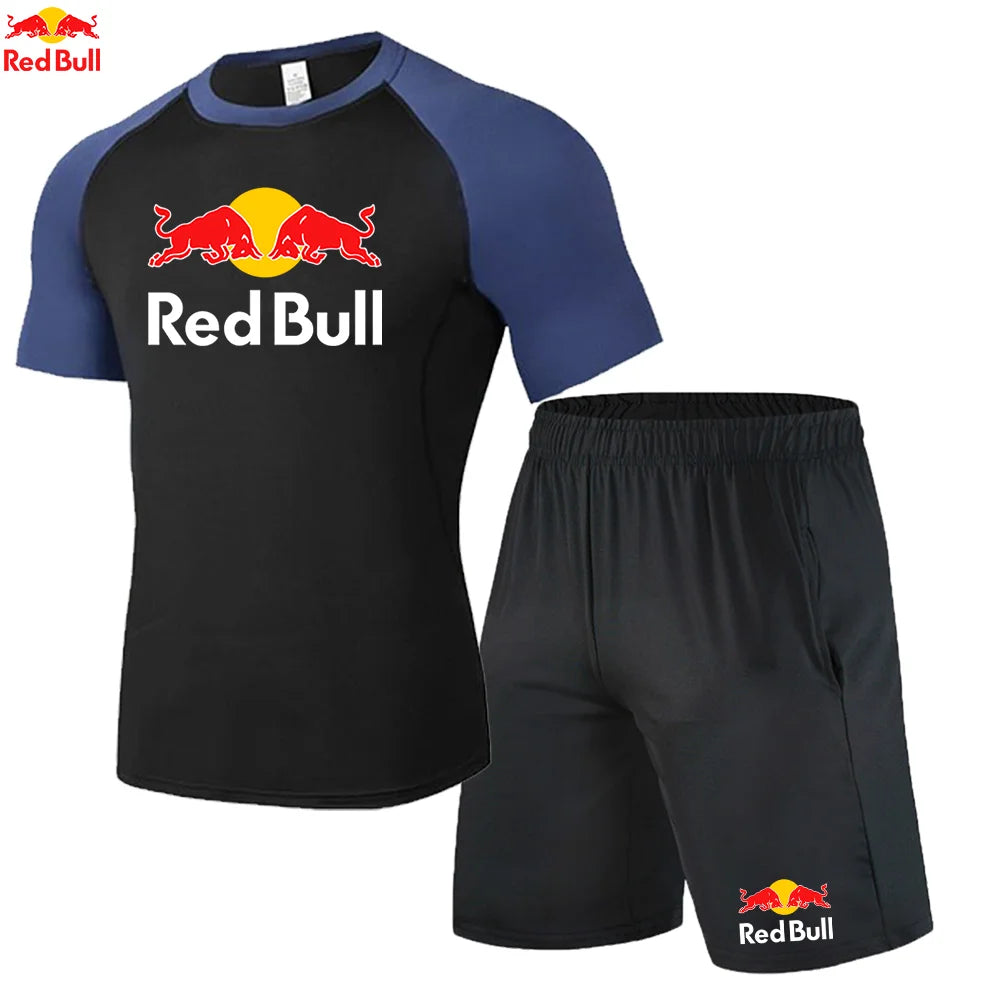 Red BullRashguard Short Sleeve T Shirts Shorts Suits Men Tracksuit Gym Boxing Jerseys Compression Shirt Fitness Running Training
