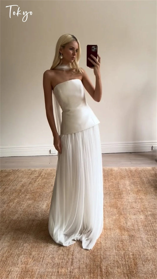 Tokyo Customized White Pleated Wedding Dresses Elegant Strapless Sleeveless Bridal Gowns 2025 Tulle Floor-Length Wedding Gowns