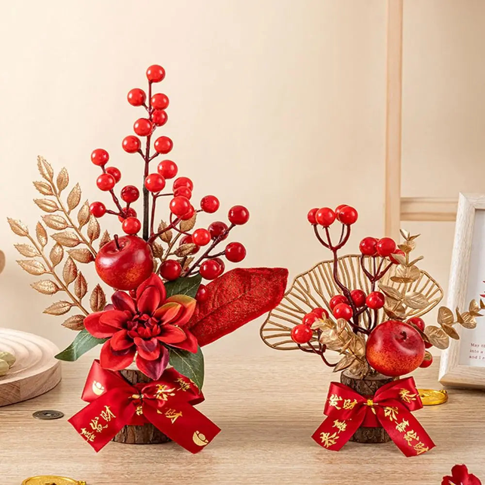 Chinese Artificial Flowers Plants Pots Get Rich Good Luck New Year Pots Tabletop Decoration Red Berry Branch Wedding Pots