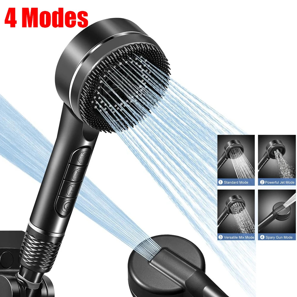 4 Modes Pressurized Shower Head Thickened ABS Handheld Filter Showerhead with Silicone Brush One-Key Stop Water Shower Nozzle