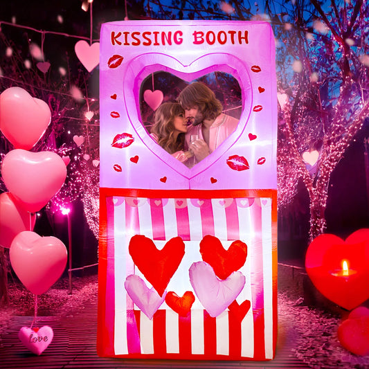 7FT Valentines Day Inflatables Outdoor Decorations, Kissing Booth Valentine Blow Up Inflatable with LEDs for Home Yard Outdoor