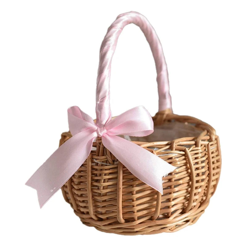 Hand-woven Wedding Flower Basket With Handle Wicker Sundries Basket Wedding Flower Girls Basket for Home Picnic Storage Basket