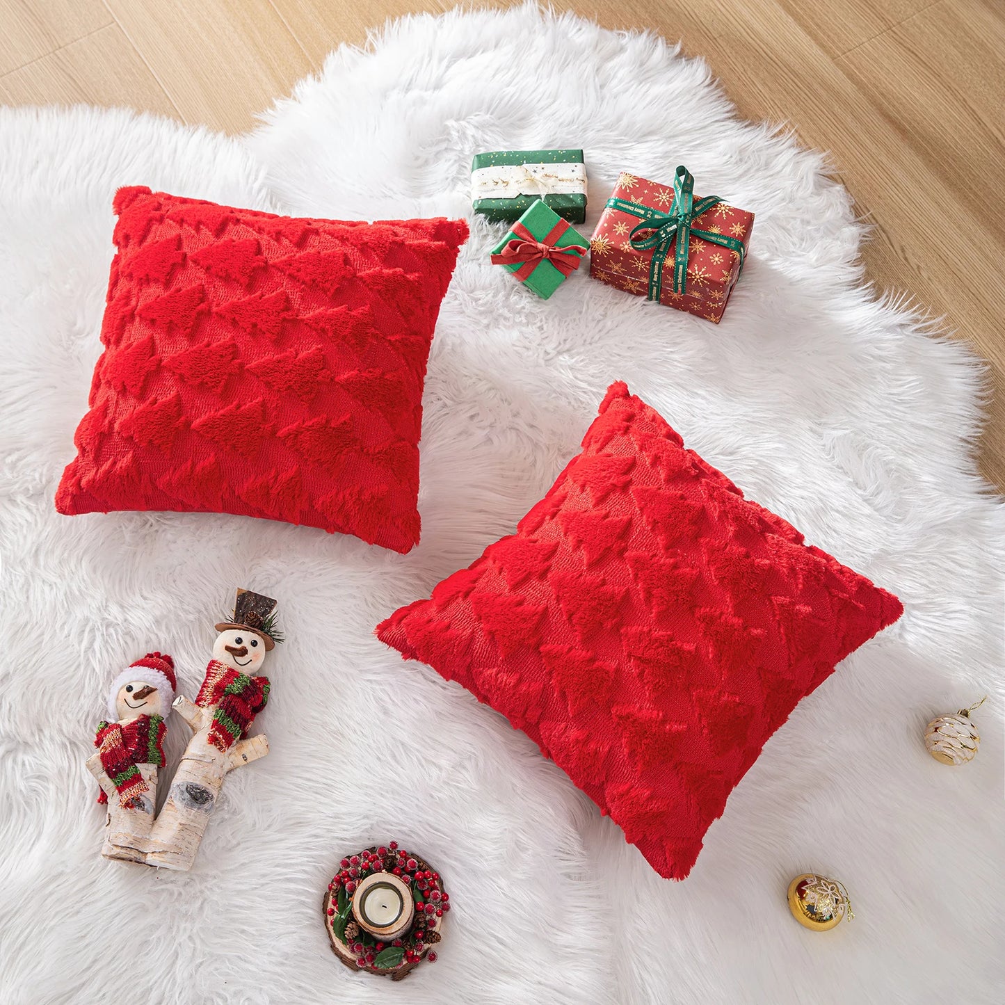 1/2 Pack Christmas Tree Square Throw Pillow Cases Snowflake Shaggy Plush PillowCases Embroidered Sofa Cushion Cover Home Decor