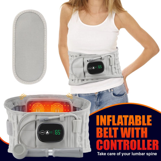 Gray LED Inflatable Waist Belt Lumbar Traction with 3 Level Heating Muscle Relax USB Plug Rechargeable Portable Battery Belt