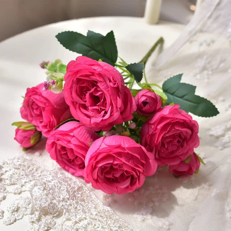 30cm Rose Pink Silk Bouquet Peony Artificial Flower 5 Big Head 4 Small Bud Bride Wedding Home Decoration Artificial Flower
