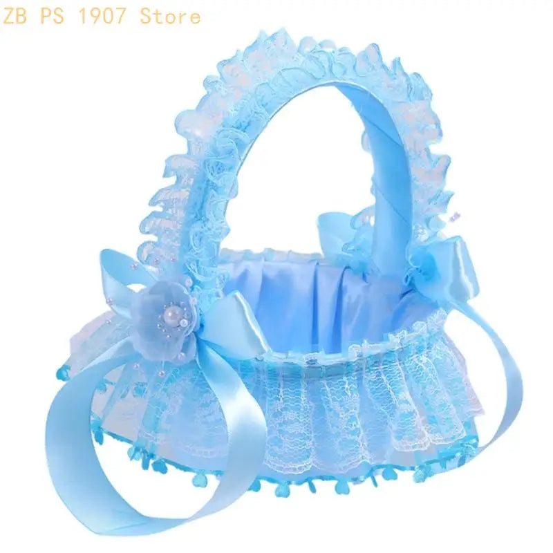 Wedding Flower Girl Basket with Lace Trim Handle Bowknot Flower Baskets for Wedding Ceremony Party Floral Arrangement 55KA