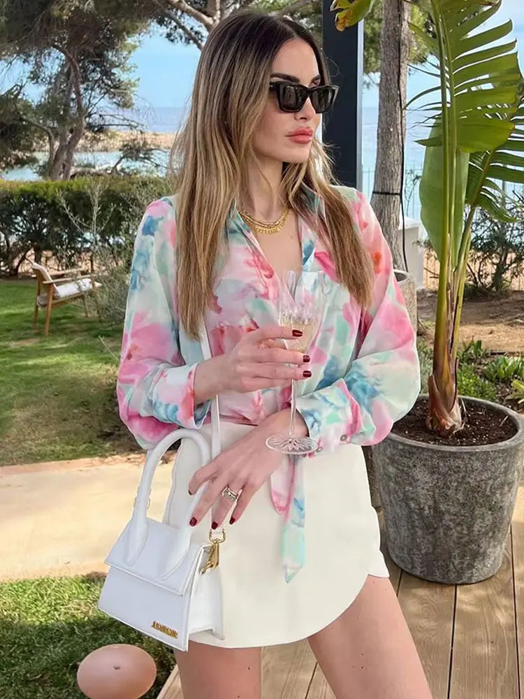 HH Woman New Fashion Summer Casual Shirts Print Turn-Down Collar Long Sleeves Bow Single Breasted Female Bohemian Blouse