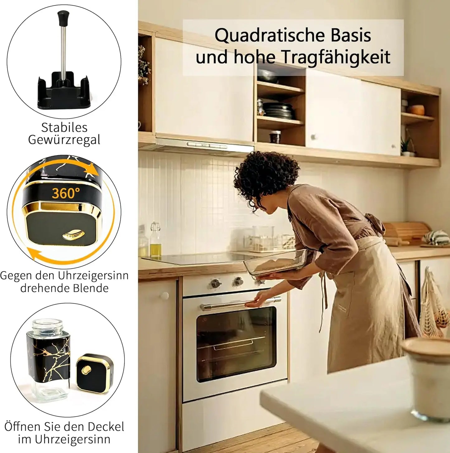 Set of 4 Spice Jars, Square Spice Jar 360° Swivel Spice Hole Lid with Non-Slip Base, Kitchen Storage and Organisation