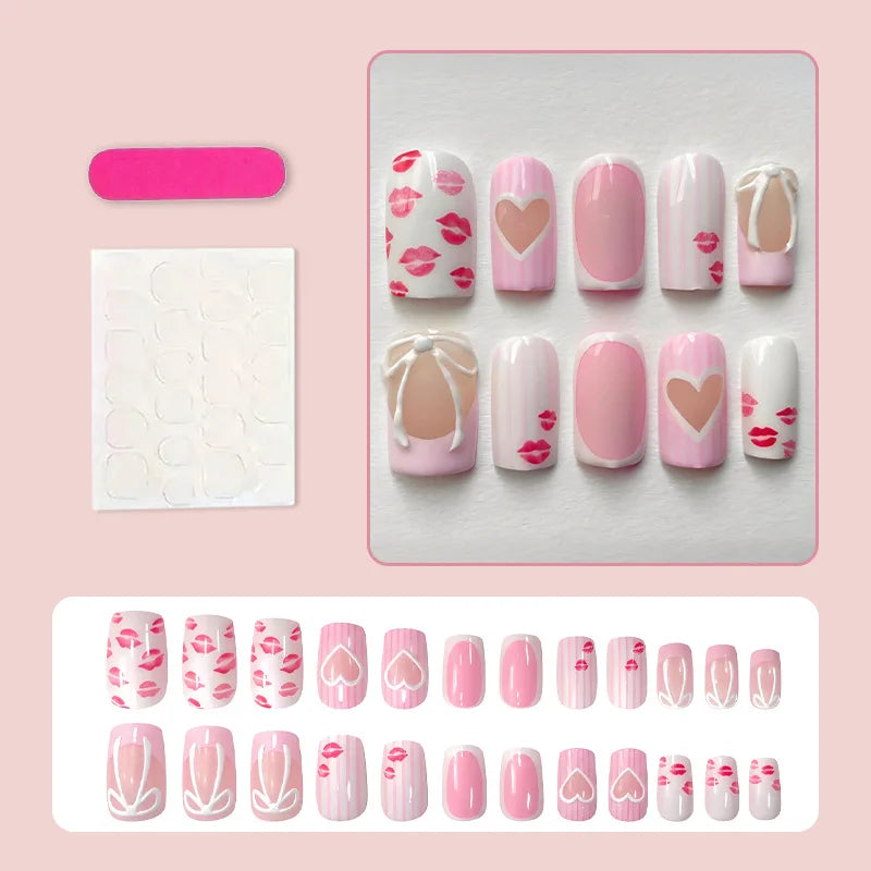 24Pcs Pink Square Fake Nails Women Valentine's Day Short Ballet Press On Nails French False Nails Bowknot/Lip/Love Heart Decor