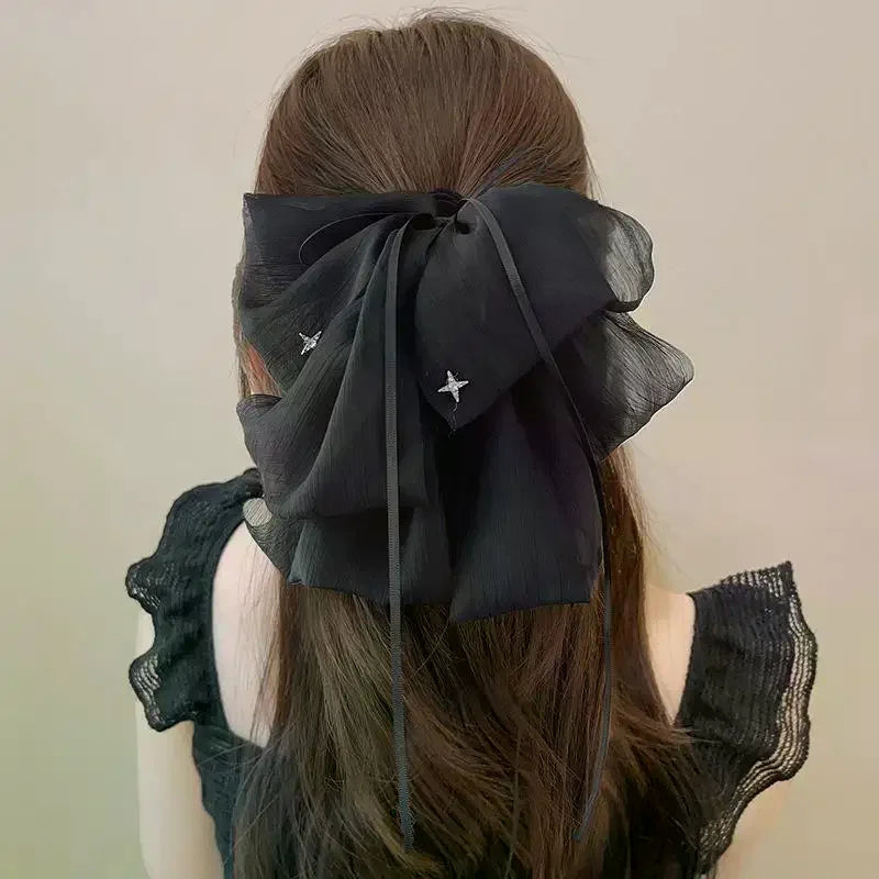 Black Elegant Women Large Bow Hair Claw Temperament Chiffon Big Bowknot Barrettes Hairpin Women Ponytail Hairpin Hair Accessory