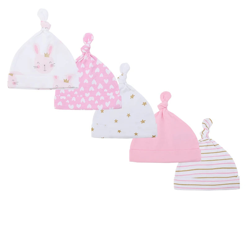 5Pieces Newborn Baby Boy Hats Cartoon Print 100%Cotton Baby Girls Hats 0-6Months Soft Solid Color Infant Accessories