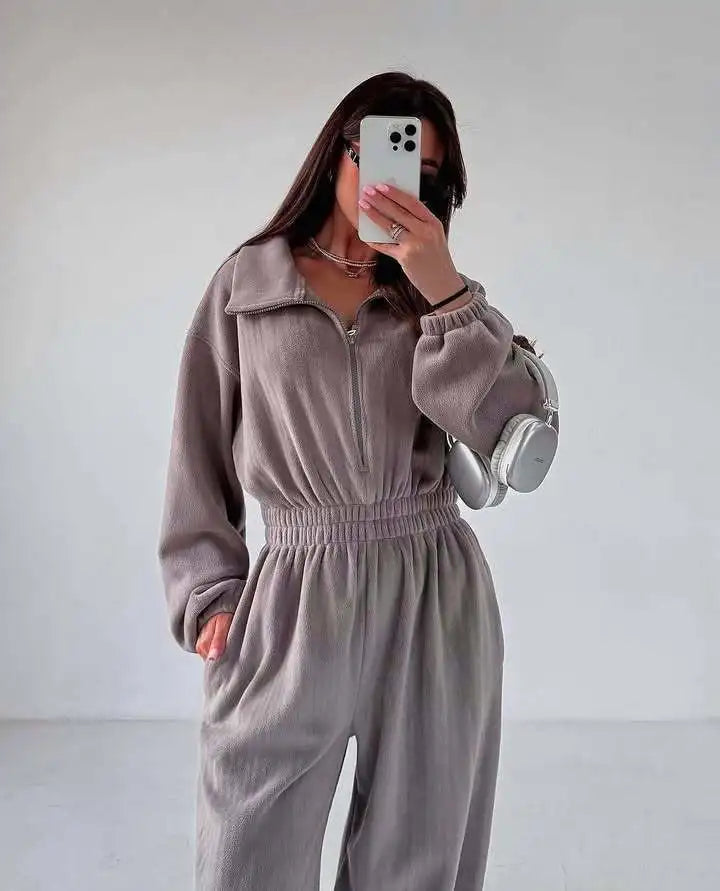 Woman Clothing Fashion Long-sleeved Jumpsuit Women's Set Zipper Casual Semi-open Elastic Waist Jumpsuit Elegant Sports Jumpsuit