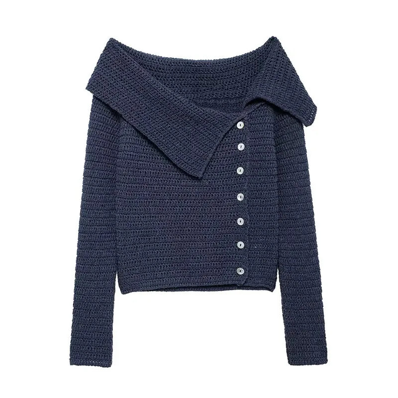 Off Shoulder Knitted Sweater Slanted Shoulder Hollow Out Knitwear Women Button Loose Casual Slimming Top Long Sleeved Blouse