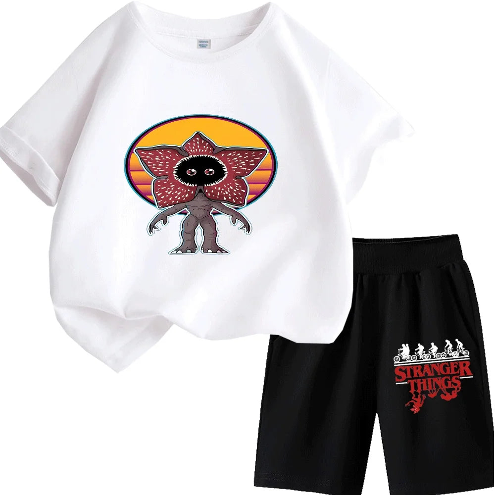 Cute Demogorgon Pattern Kids T-Shirt Set, Fashionable and Comfortable Short-Sleeve Tops for Boys and Girls, Ideal for Daily Wear