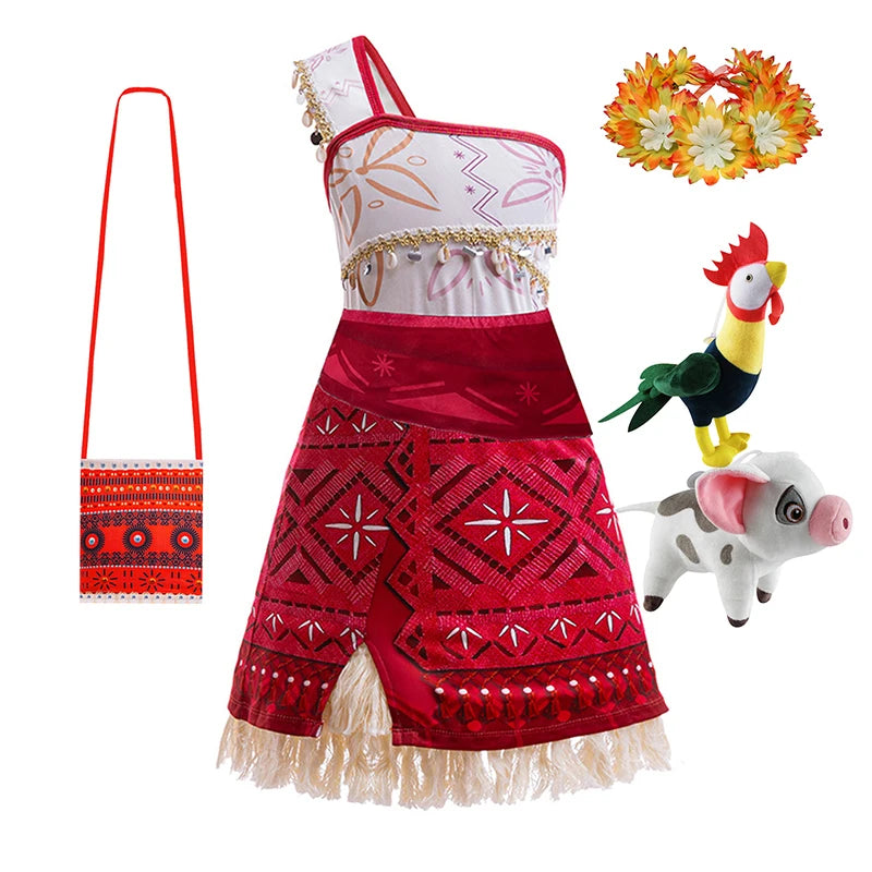 Summer Girls Moanna 2 Dress Girl Vaiane Princess Cosplay Dresses Children Christmas Party Cosplay Ball Gown With Pig Chicken