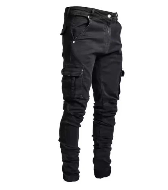 Street Elastic Jeans Men Denim Cargo Pants Wash Solid Color Multi Pockets Casual Mid Waist Trousers Slim Fit Daily Wear Joggers