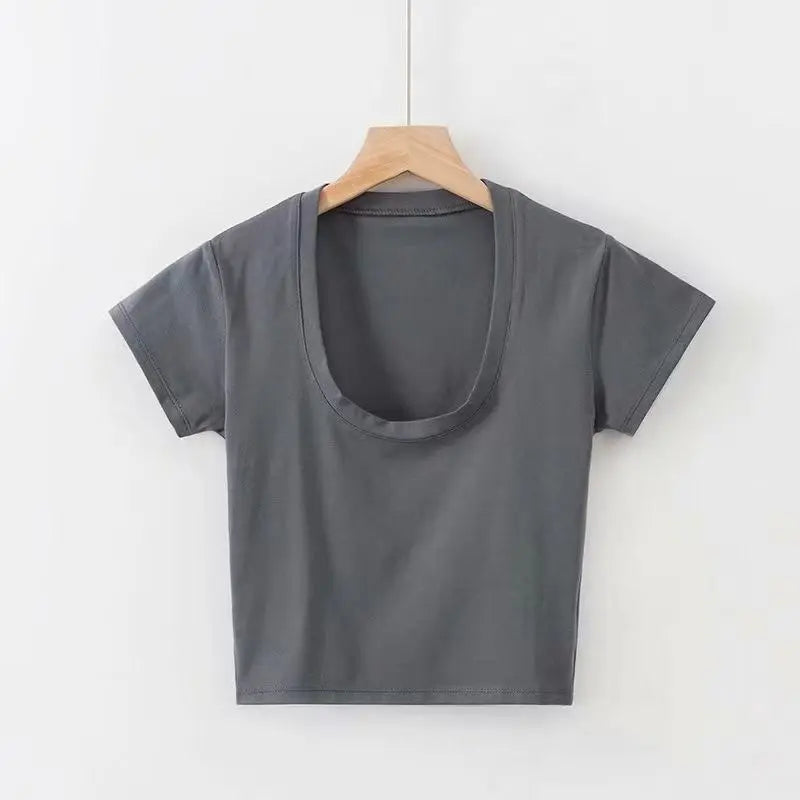 Summer Sexy T Shirt Tops for Women Clothes Stretch Slim Tees Shirt Femme U Neck Short Sleeve T-shirts Streetwea Crop Top