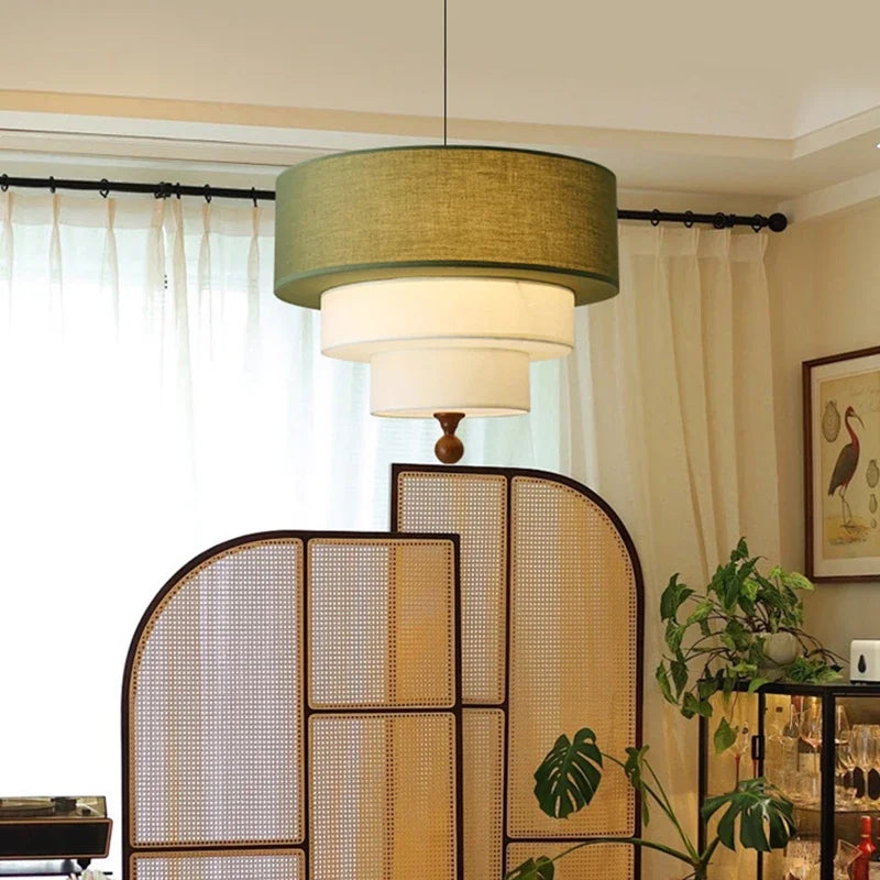 Living Room Bedroom Restaurant Pendant Lamp Modern White Green Cloth Lampshade Chandelier With Wood E27 Bulb Dropshipping