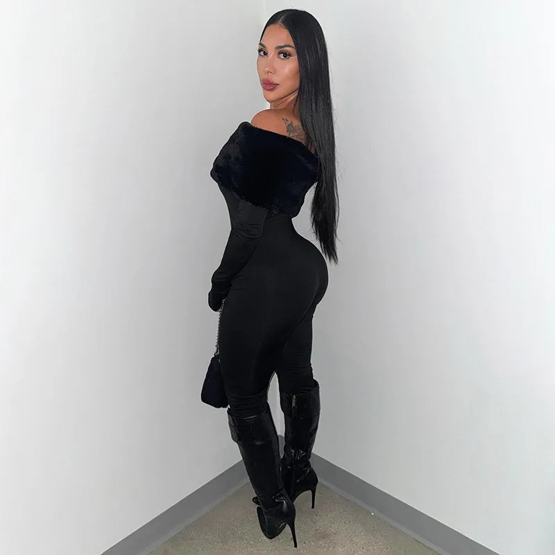 FAGADOER Winter New Sexy Fur Patchwork Bodycon Jumpsuits for Woman Solid Color Off Showlder Backless Rompers Female Overalls