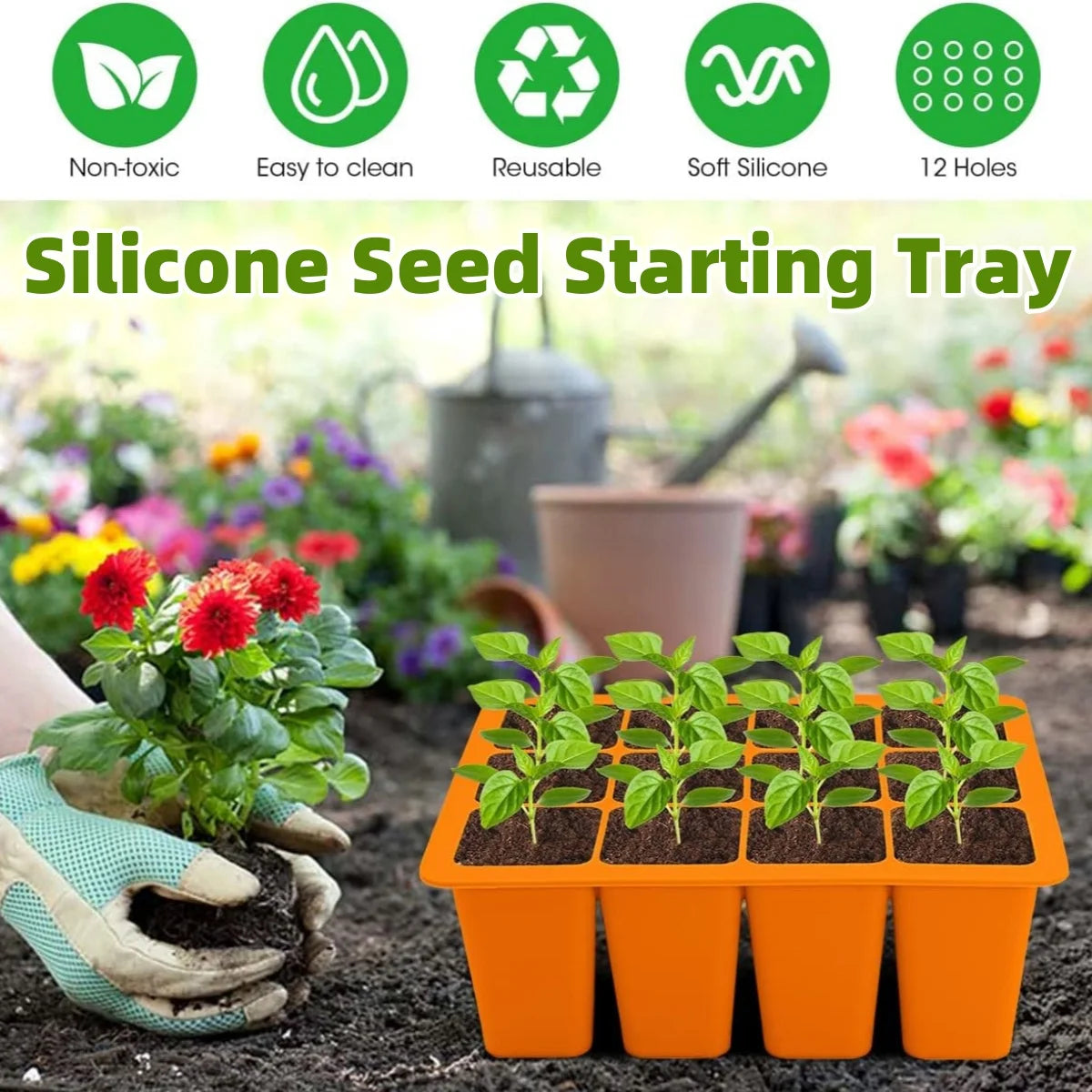 Seed Starting Tray Silicone 12 Cell Seed Starter Kit with Drain Holes Plant Germination Trays, Seedling Plug Trays for Gardening