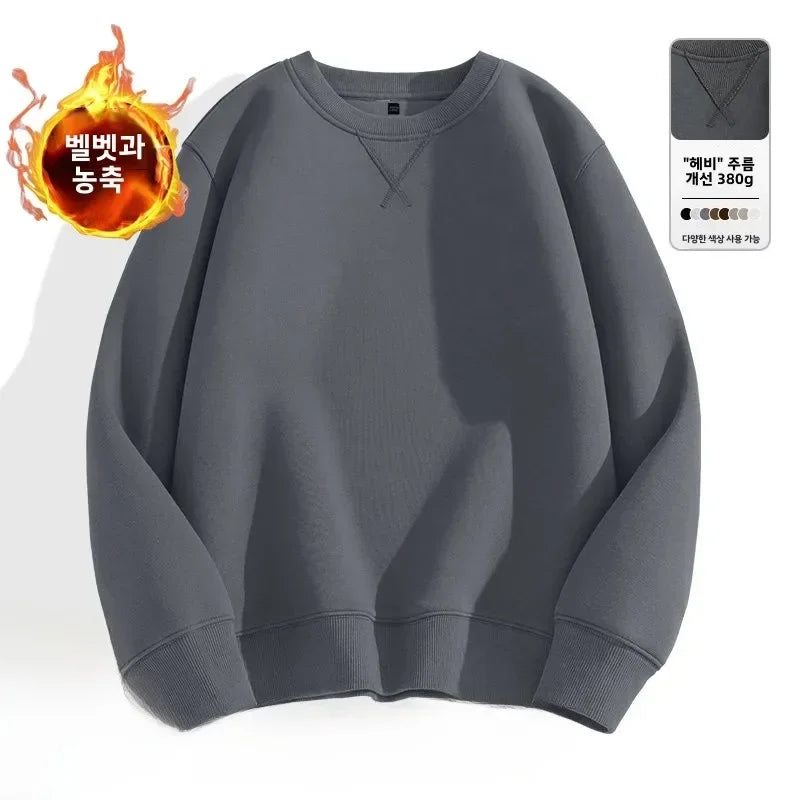 Thickened Fleece Hoodless Sweatshirt Men's Round Neck Winter Casual Loose Fit Cotton Polyester Long Sleeve Self Heating