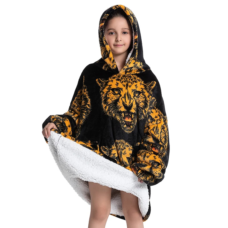 Oversized Wearale Blanket Hoodie Flannel Sherpa Fleece Warm Soft Winter Hoodie Sweatshirt for Kids Adults Home Blanket Snuggle