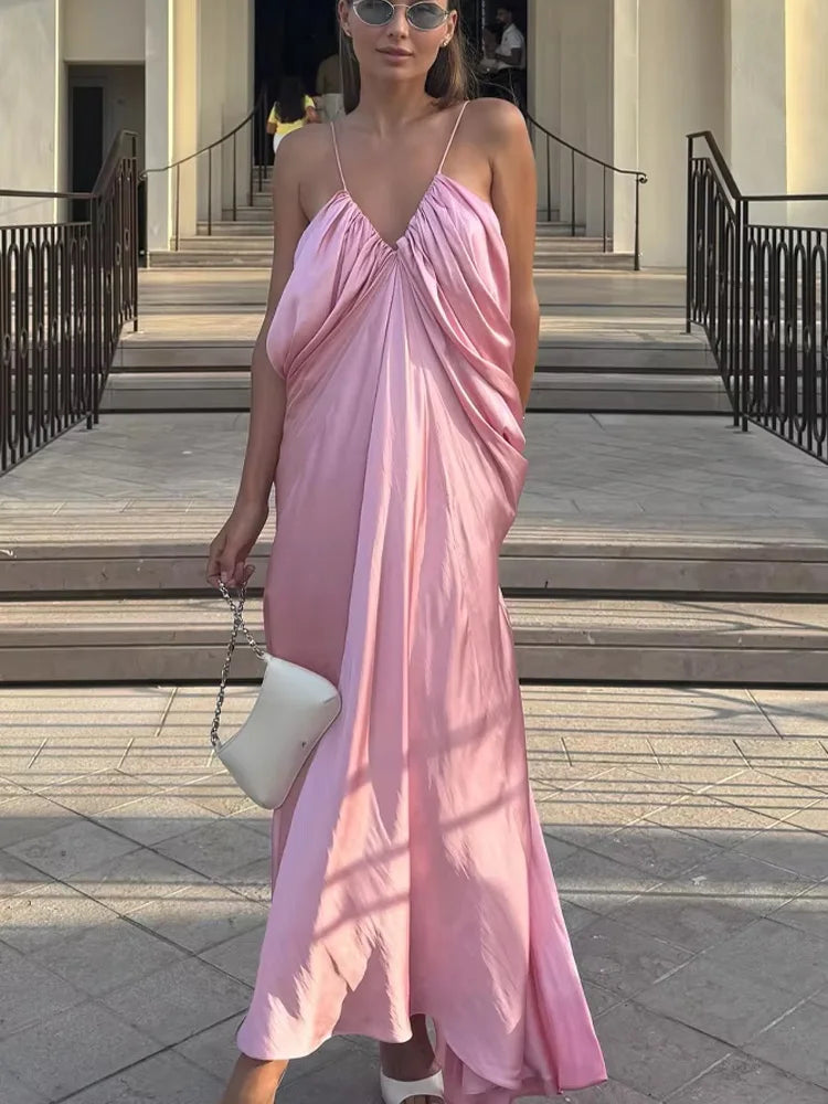 HH Summer Woman Holiday Dresses Party Midi Dress Women Elegant Silhouette Backless V-neck Pleated Design Chic Sexy Dresses