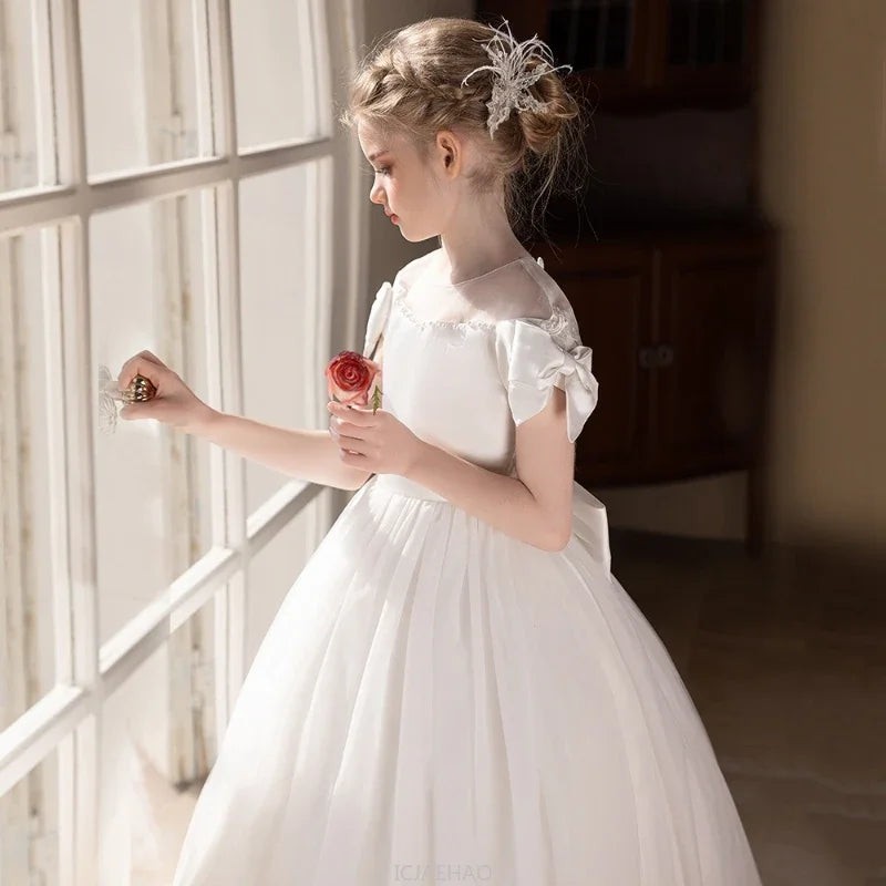 Wed Dress 2025 White Teen Girls Wedding Dress Tulle Ball  Evening Gown Party Wear CostumeGown Big Bow Bridesmaid Dresses Formal