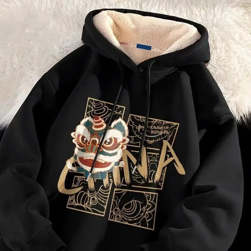 Lamb Velvet Hoodie Men's Loose Fit Casual Sportswear Autumn Winter Men's Jacket 1/2 Brand None Origin China