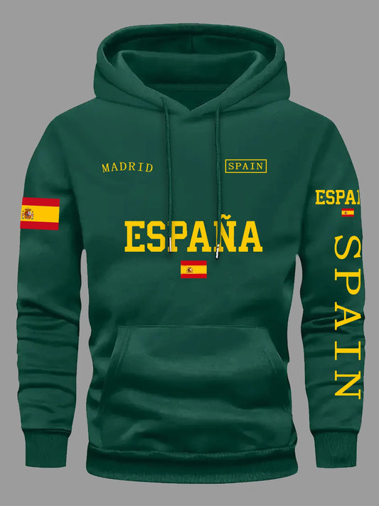 Spanish Flag Graphic Print Men Women Hooded Sweatshirt Autumn Winter Daily Outdoor Vacation Fitness Casual Loose Warm Sportswear
