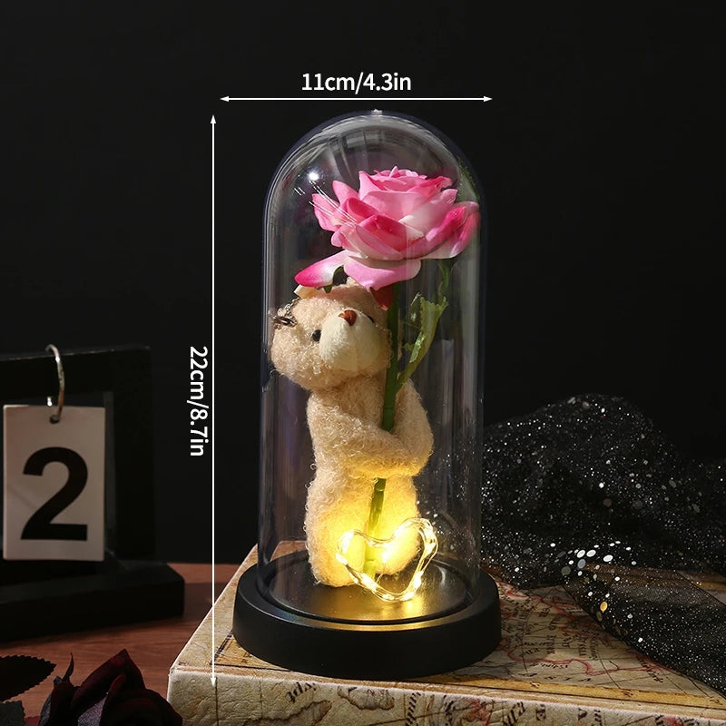 Eternal Red Rose Artificial Flowers with LED Light Creative Valentine's Day Gift Rose in Glass Cover Simulation Rose Flower