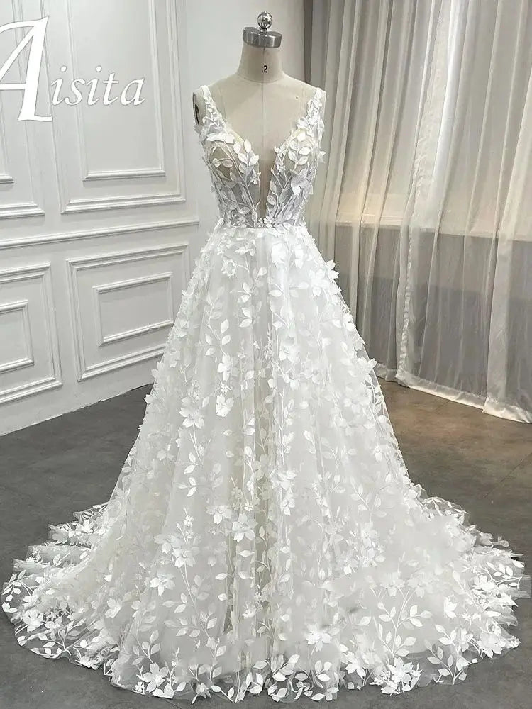 Modern Wedding Dresses For Woman 2025 Bridal V-neck Sleeveless A-LINE 3D Flower Appliques Vestidos De Novia Customized For Women