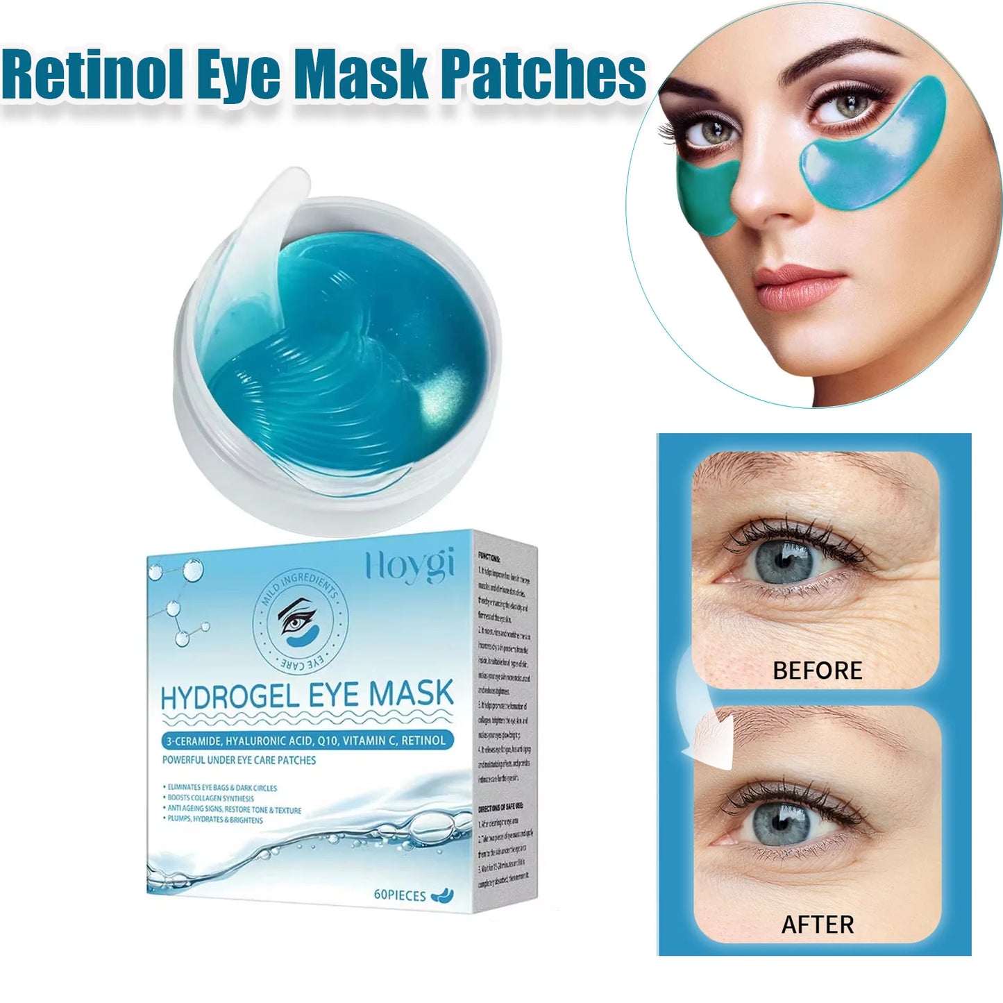 Retinol Eye Mask Patches Firming Eye Bags Anti Dark Circles Soothing Fine Lines Anti-Aging Under Eye Hydrating Eye Care 60PCS