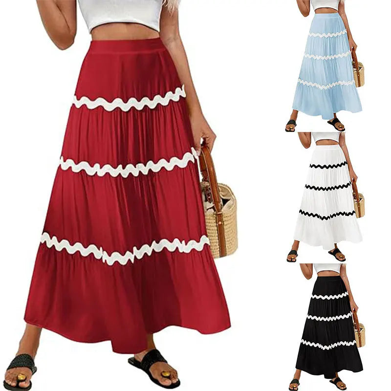 Women Dress Fashion Summer Women's Boho Elastic Waist A-line Skirt Fleece Frizzy Skirt Hem Layer Women's Vacation Outdoor Skirt