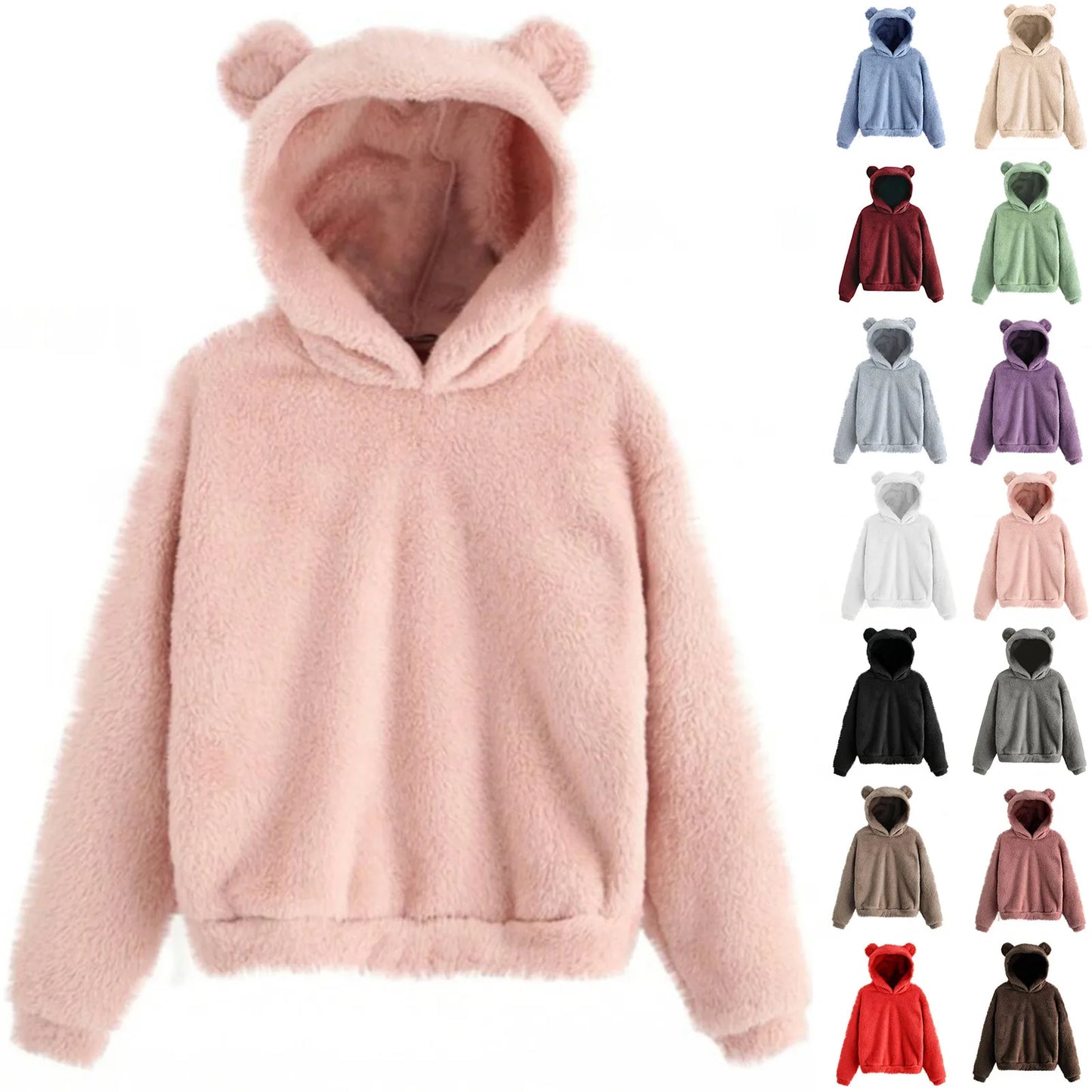 Autumn Women's Hoodies Long Sleeve Bear Ear Hood Sweatshirt Cute Plush Warm Casual Hoodie Tops Fleece Hooded Pullovers