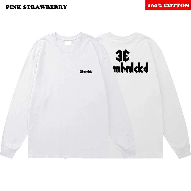 ins Letter Print T-shirt Men 2025 New Autumn 100% Cotton Oversize White O-Neck Long-sleeves T-shirt Loose Y2k Top Men clothing