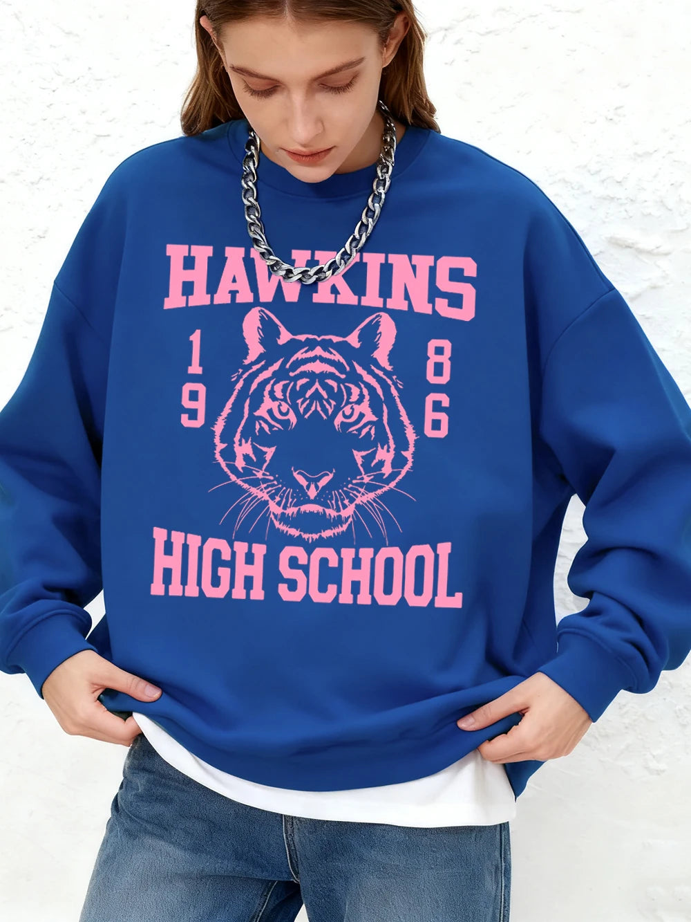 Hawkins High School 1986 Prints Sweatshirts Womens Winter Loose Hoodies Fleece Warm Jogger Tops Basics Casual Crewneck Clothes
