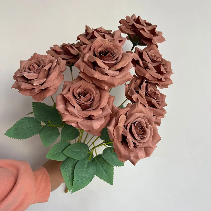 9Heads Diamond Roses Bouquet Artificial Flower Living Room Decoration Wedding White Ivory Red Brown Rose Fake Rose Fake Rose