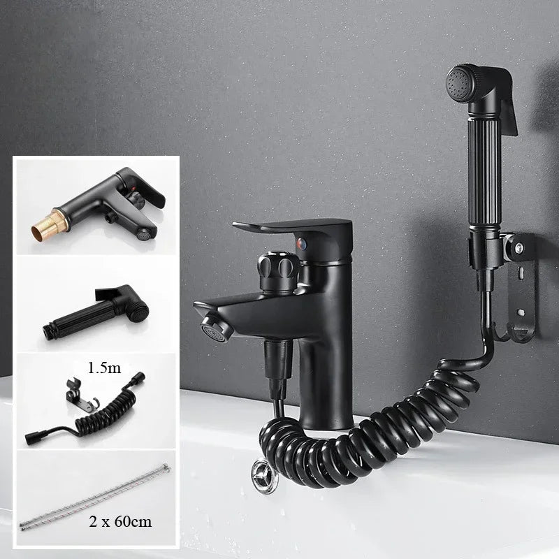 Basin Cold and Hot Water Faucet Double Use with Spray Gun Two-in-one Bath Shampoo Single-hole Bathroom Faucet