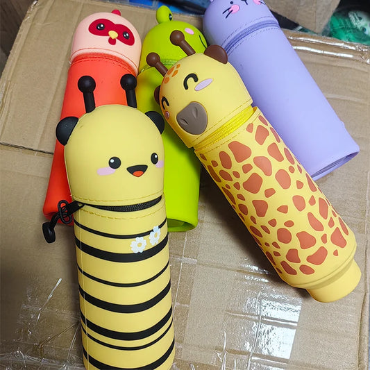 1PCS cartoon Giraffe/ Bee/Panda Kawaii Animals Silicone Telescoping Pencil Case Student Large Capacity Stationery Bag Learn