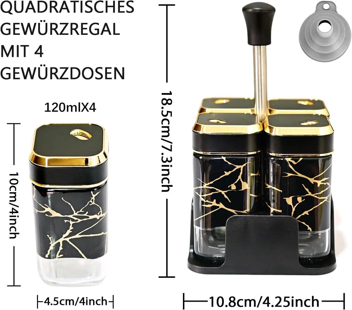 Set of 4 Spice Jars, Square Spice Jar 360° Swivel Spice Hole Lid with Non-Slip Base, Kitchen Storage and Organisation