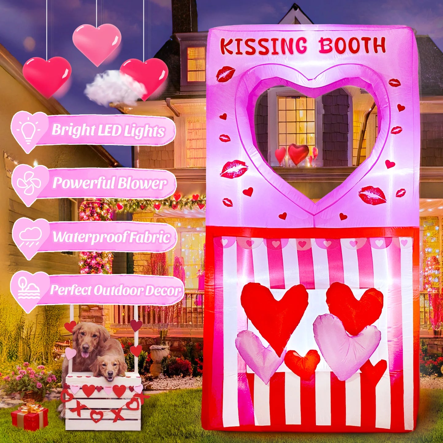 7FT Valentines Day Inflatables Outdoor Decorations, Kissing Booth Valentine Blow Up Inflatable with LEDs for Home Yard Outdoor